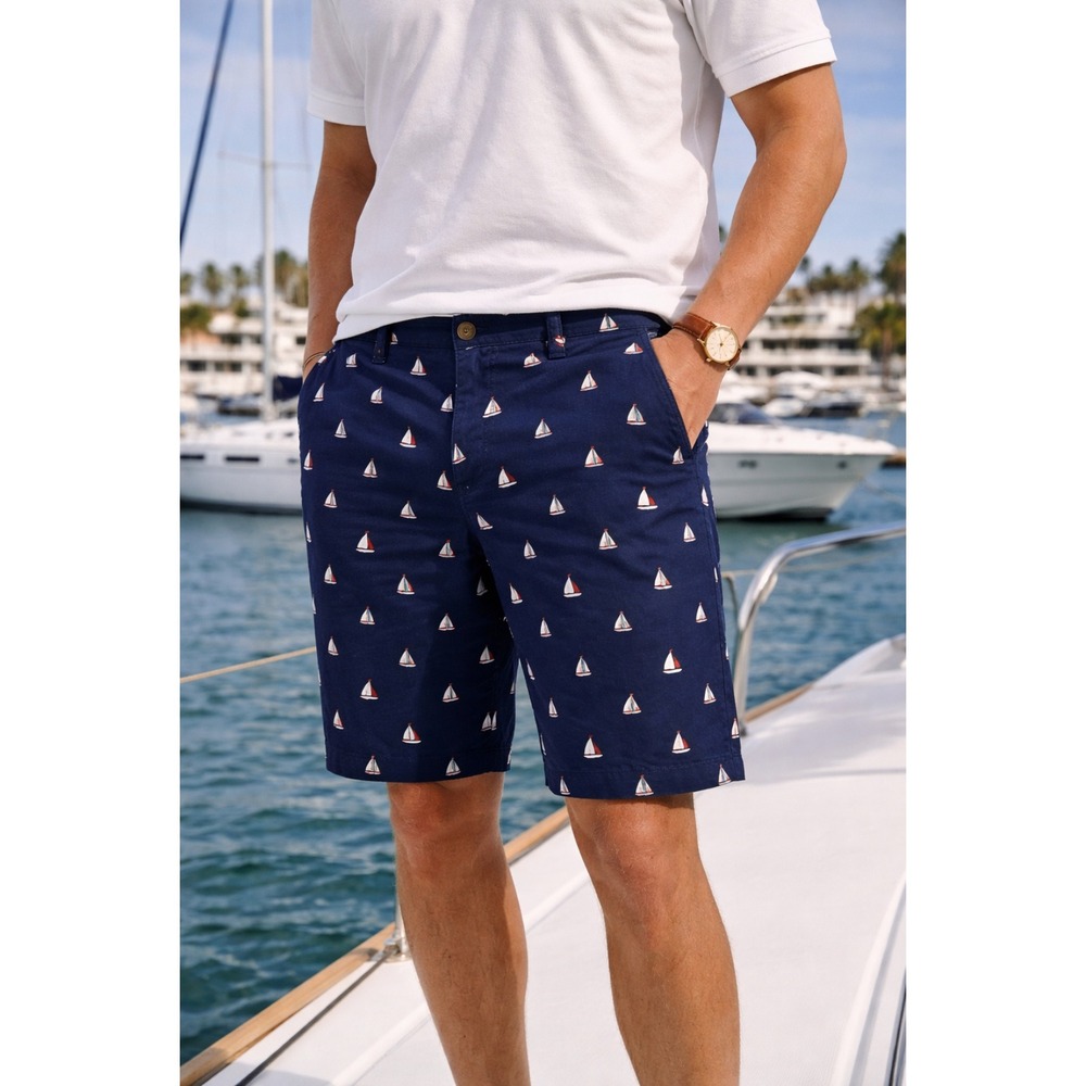 Plugg Mens Sailboat Print Chino Shorts Size 29 Blue 10" Nautical Summer‎ Coastal